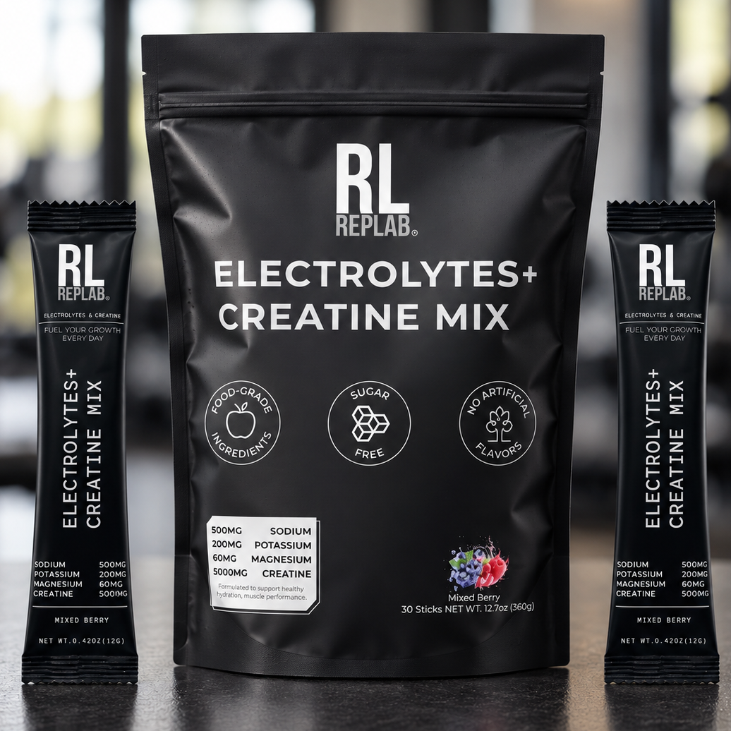 Black REPLAB creatine and electrolyte pouch with two single-serve sachets in front